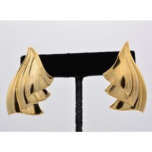 MJ Ent Vintage Earrings Bright Brushed Shiny Gold Heavy Chunky Signed 80s Bin4